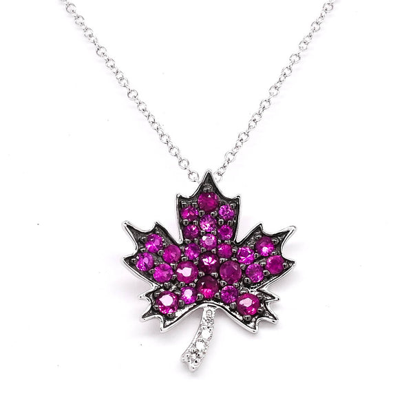 graziella 10KT White Gold 18" 0.45CTW Ruby and Diamond MapleLeaf Necklace