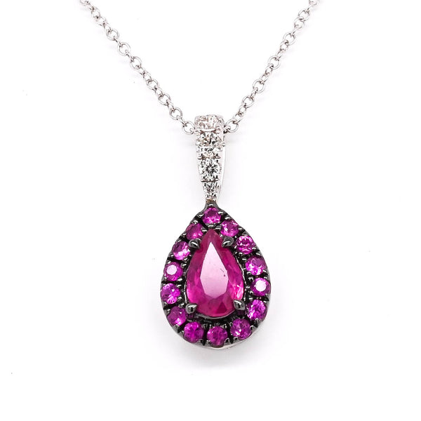 graziella 10KT White Gold 18" 0.52CTW Pear Shape Ruby Halo Set Necklace