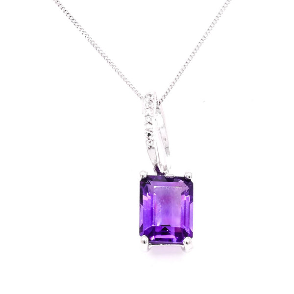 graziella 10KT White Gold 18" 2.00CT Emerald Shape Amethyst & Diamond Necklace