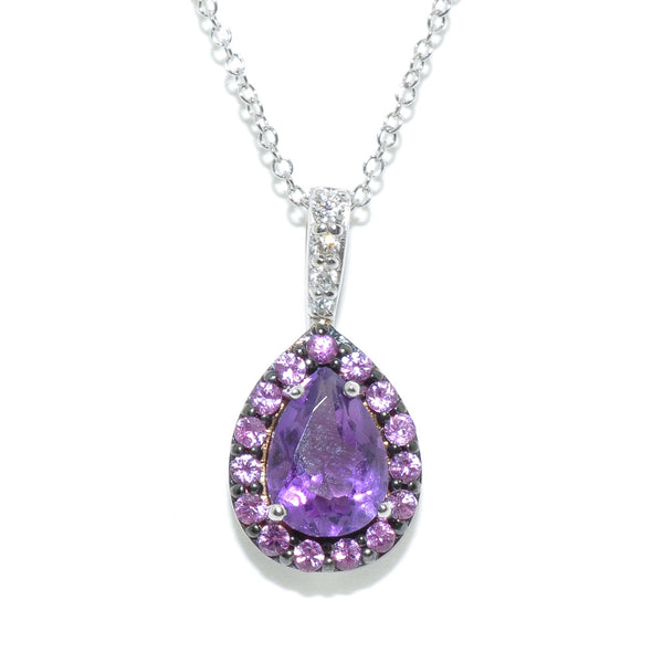 graziella 10KT White Gold 18" Amethyst Pink Sapphire and Diamond Necklace