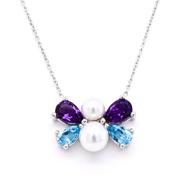 graziella 10KT White Gold 18" Blue Topaz Amethyst & 4-5.5mm Pearl Butterfly Necklace