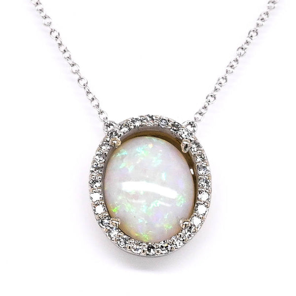 graziella 10KT White Gold 18" Opal and Diamond Necklace