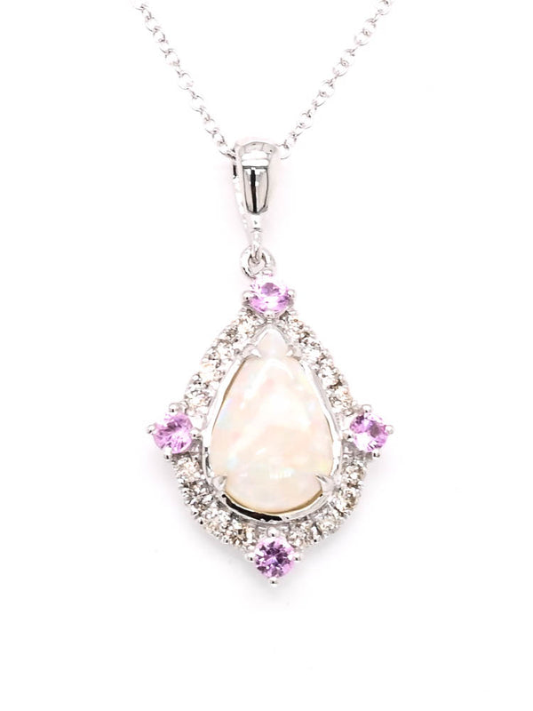 graziella 10KT White Gold 18" Pear Shape Opal Pink Sappire & Diamond Necklace
