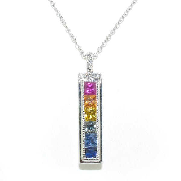 graziella 10KT White Gold 18" Rainbow Sapphire and Diamond Neckalce