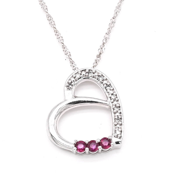 Graziella 10KT White Gold 18" Ruby & Diamond Heart Necklace