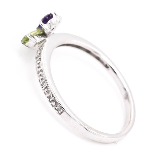 Graziella 10KT White Gold Amethyst Peridot & Diamond Butterfly Ring