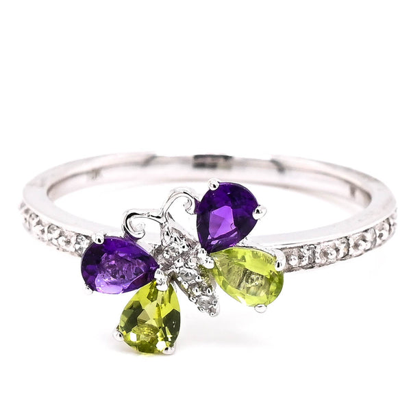 graziella 10KT White Gold Amethyst Peridot & Diamond Butterfly Ring