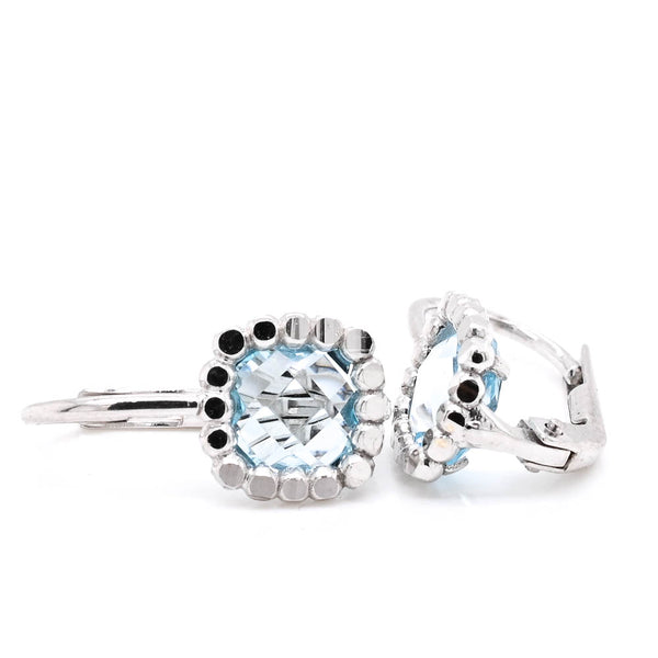 graziella 10KT White Gold Blue Cushion cut C.Z Lever Back Earrings