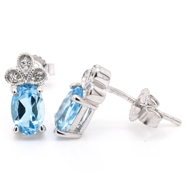 graziella 10KT White Gold Blue Topaz & Diamond Stud Earrings