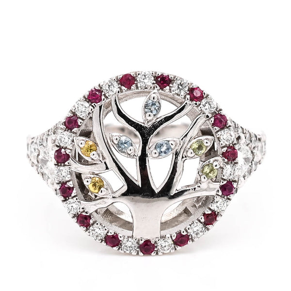 graziella 10KT White Gold Multi Coloured Gemstone & Diamond Tree Ring