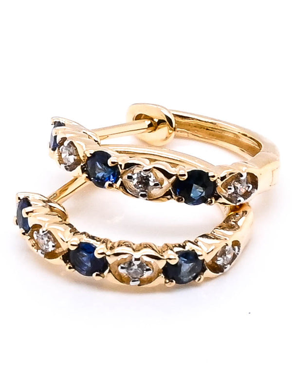 graziella 10KT Yellow Gold 13mm 0.20CT Blue Sapphire & Diamond Huggie Earrings
