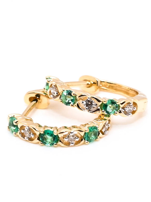 graziella 10KT Yellow Gold 13mm 0.20CT Emerald & Diamond Huggie Earrings
