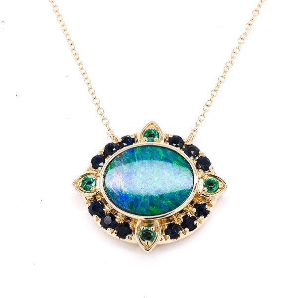 graziella 10KT Yellow Gold 18" 1.65CT Dublet Opal Blue Sapphire & Emerald Necklace
