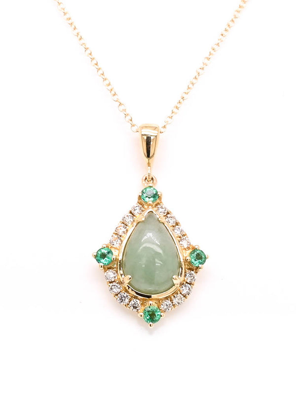 graziella 10KT Yellow Gold 18" 1.70CT Pear Shape Jade Emerald & Diamond Necklace