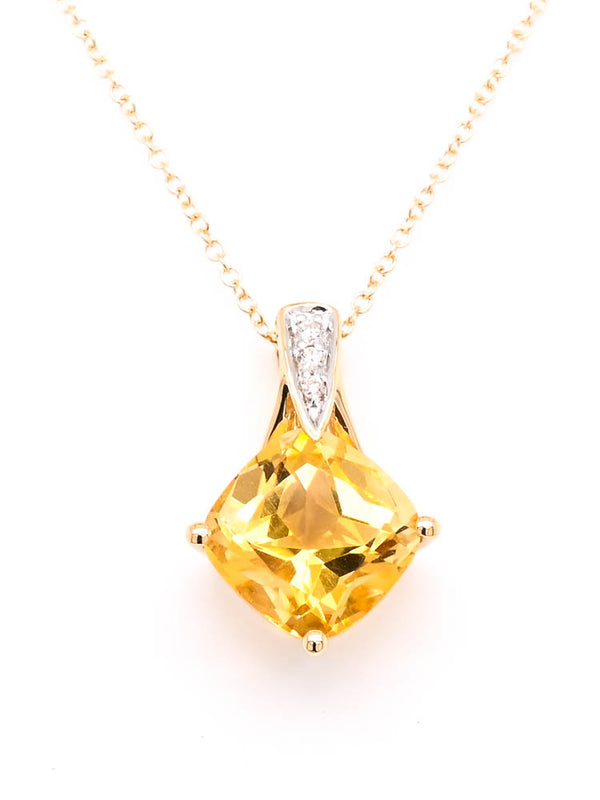 graziella 10KT Yellow Gold 18" 2.00CT Cushion Cut Citrine & Diamond Necklace