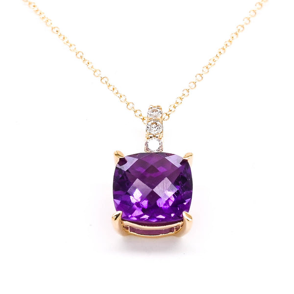 graziella 10Kt Yellow Gold 18" 2.70CT Cushion Cut Amethyst & Diamond Necklace