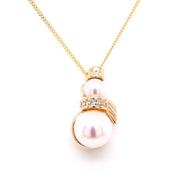 graziella 10KT Yellow Gold 18" 4-6.5mm Pearl & Diamond Snowman Necklace