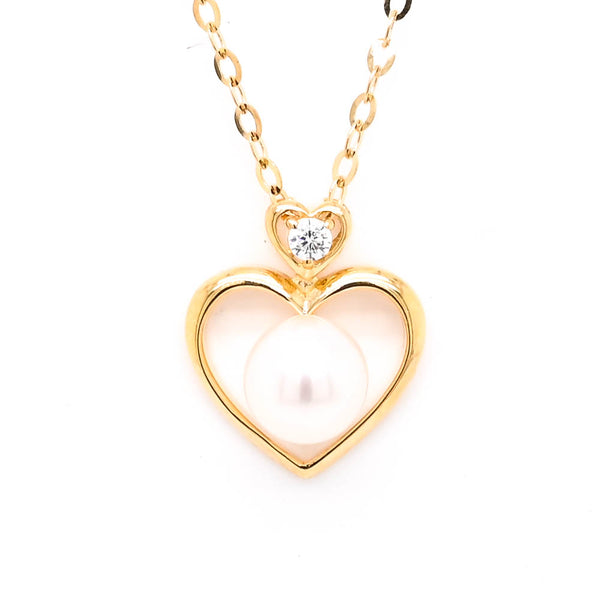 graziella 10KT Yellow Gold 18" 4mm Freshwater Peal & C.Z Heart Necklace
