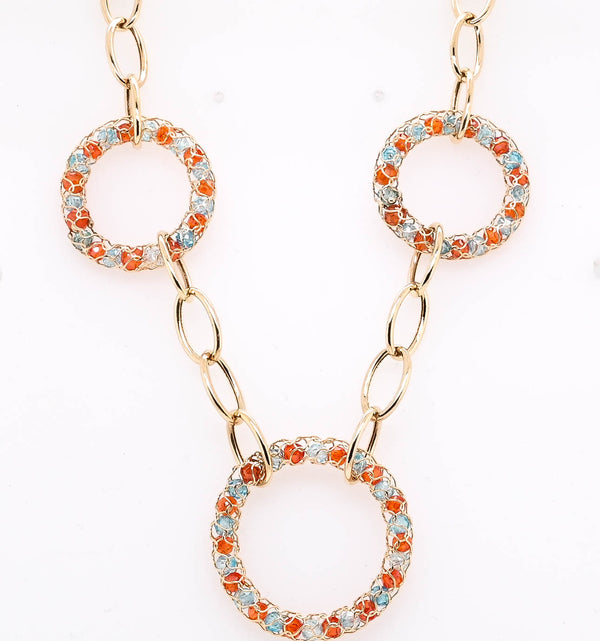 graziella 10KT Yellow Gold 18" Blue & Orange C.Z Circle Bohemian Style Necklace