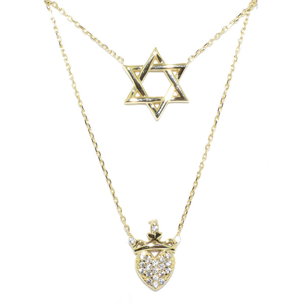 graziella 10KT Yellow Gold 18" C.Z Heart Star & Evel Eye Layered Necklace