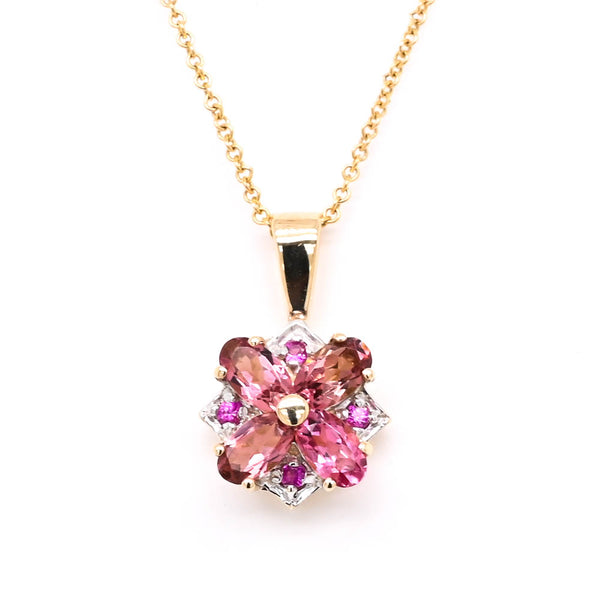 graziella 10KT Yellow Gold 18" Pink Tourmaline Flower Necklace