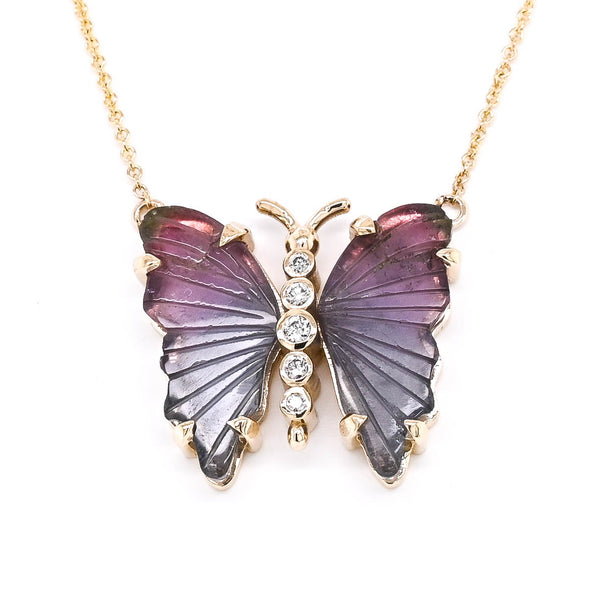 graziella 10KT Yellow Gold 18" Water Melon Tourmaline & Diamond Butterfly Necklace