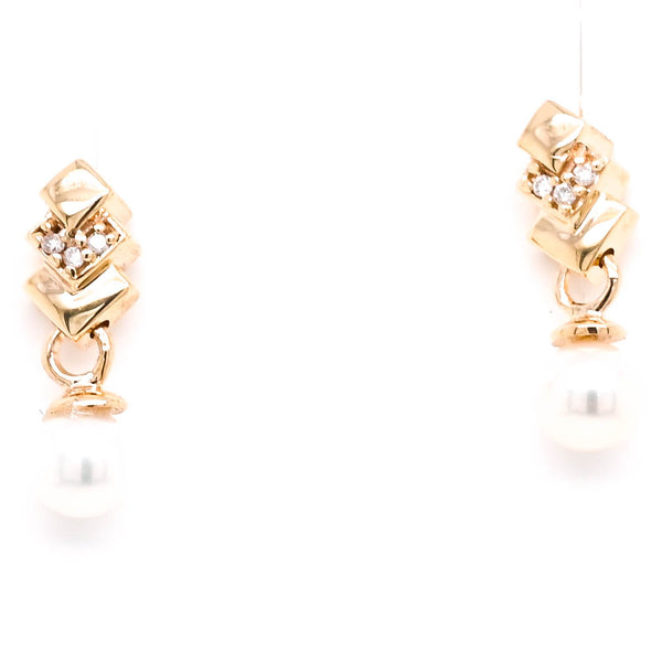 graziella 10KT Yellow Gold 2.5mm Pearl & Diamond Drop Earrings