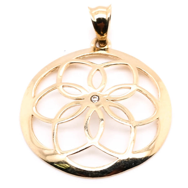graziella 10KT Yellow Gold 20mm C.Z Round Lotus Flower Disc PEndant