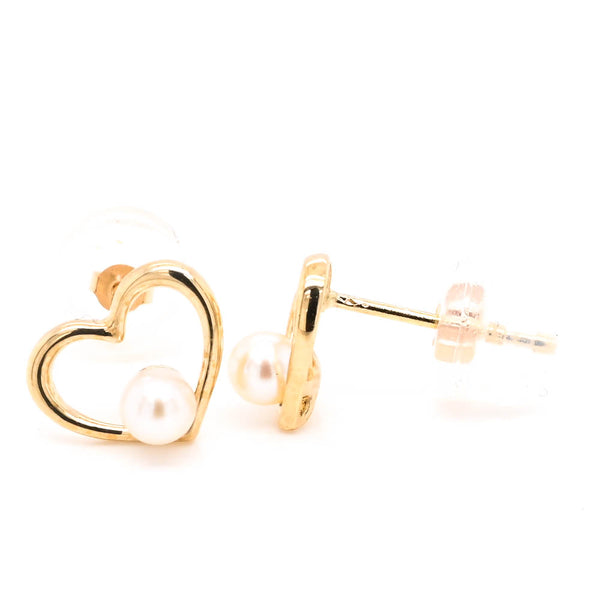 graziella 10KT Yellow Gold 2mm Freshwater Pearl Stud Heart Earrings