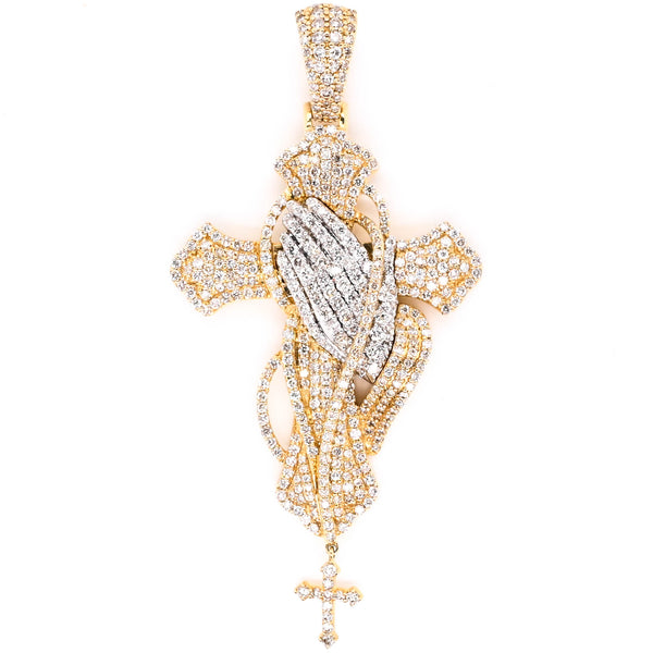 graziella 10KT Yellow Gold 4.09CTW Diamond Praying Hands Cross Pendant. Penda