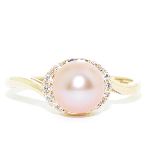 graziella 10KT Yellow Gold 6.5-7MM Pink Freshwater Pearl and Diamond Ring