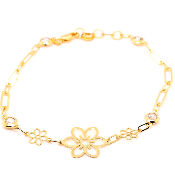 graziella 10KT Yellow Gold 7.5" C.Z Flower Paperclip Bracelet