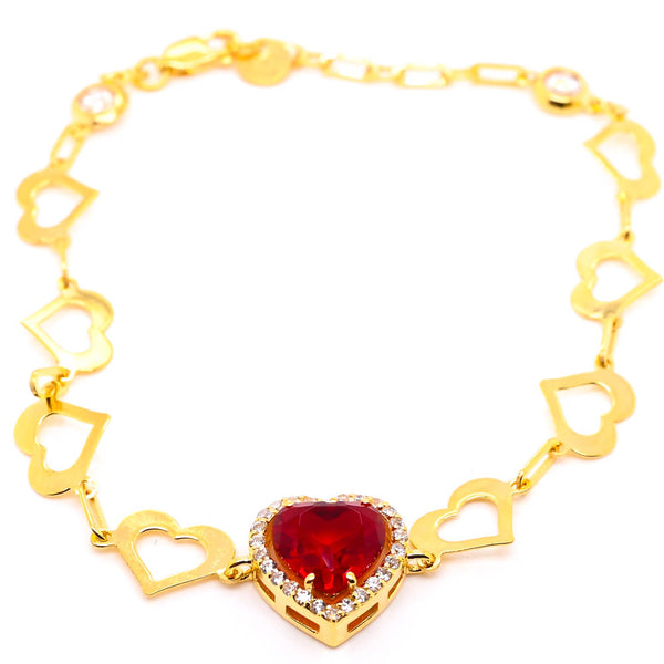 graziella 10KT Yellow Gold 7.5" Red c.z Heart Bracelet