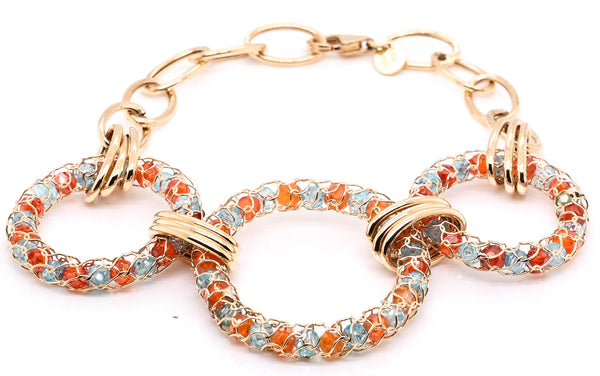 graziella 10KT Yellow Gold 8" Blue & Orange C.Z Circle Bohemian Style Bracelet