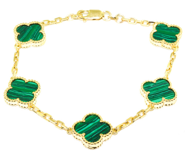 graziella 10KT Yellow Gold 8" Malachite Flower Bracelet