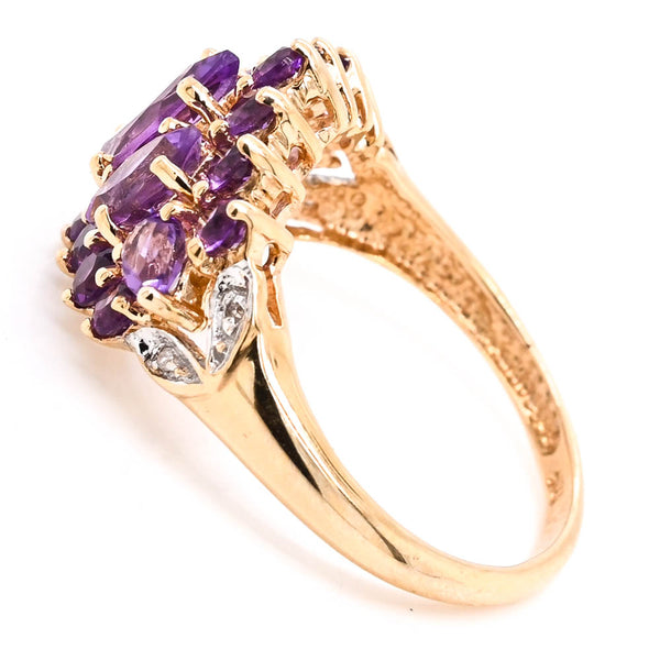 Graziella 10KT Yellow Gold Amethyst & Diamond Cluster Ring