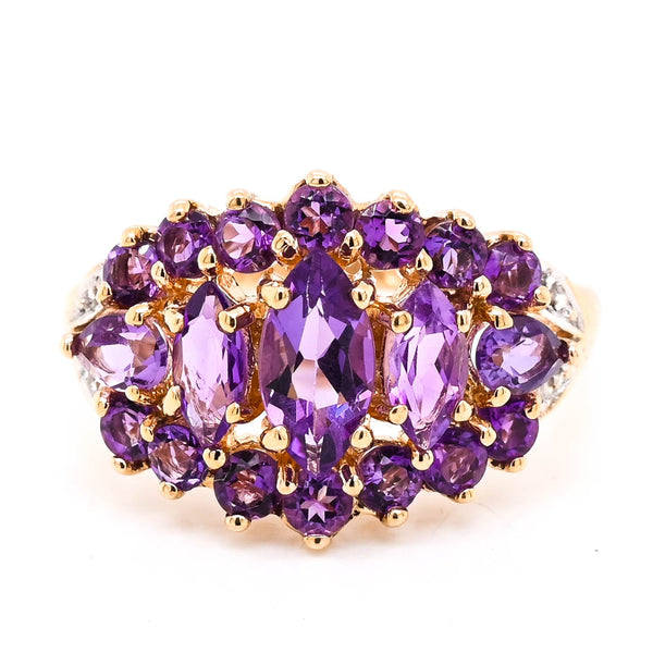 Graziella 10KT Yellow Gold Amethyst & Diamond Cluster Ring