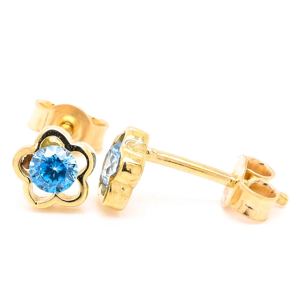 graziella 10KT Yellow Gold Blue C.Z Flower Childrens Stud Earrings