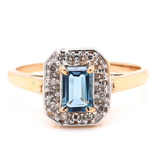 graziella 10KT Yellow Gold Blue Topaz & Diamond Halo Set Ring