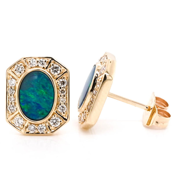 graziella 10KT Yellow Gold Doblet Opal and Diamond Earrings