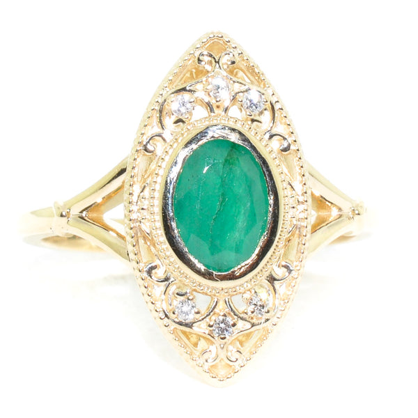 graziella 10KT Yellow Gold Green Emerald and Diamond Ring