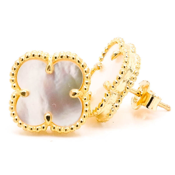 graziella 10KT Yellow Gold Mother Of Pearl Flower Earrings. Dimensions:12x12