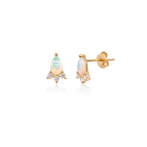 graziella 10KT Yellow Gold Opal Trio CZ Stud Earrings