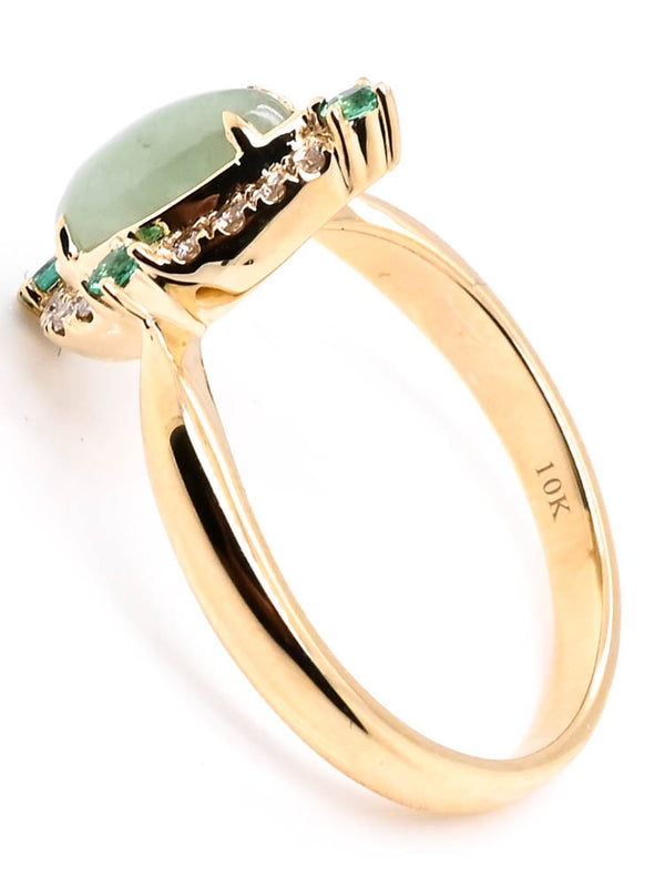 Graziella 10KT Yellow Gold Pear 1.70CT Shape Jade Emerald & Diamond Ring