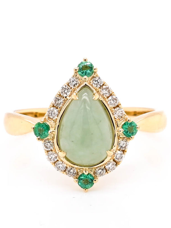 graziella 10KT Yellow Gold Pear 1.70CT Shape Jade Emerald & Diamond Ring