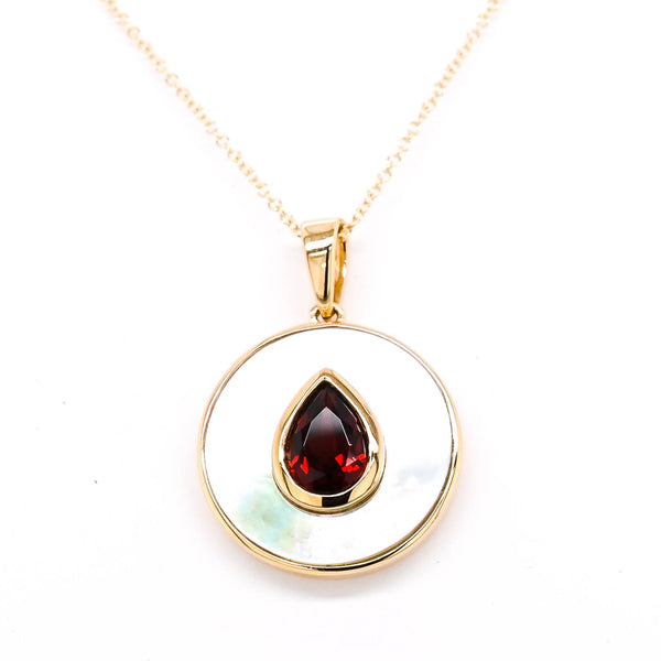 graziella 10KT Yellow Gold Pear Shape Garnet and Mother Of Pearl Necklace