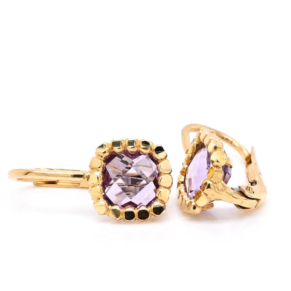 graziella 10KT Yellow Gold Purple Cushion cut C.Z Lever Back Earrings