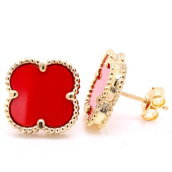 graziella 10KT Yellow Gold Red Agate Flower Earrings