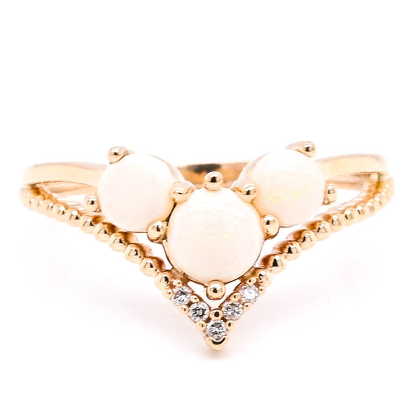 graziella 10KT Yellow Gold White Opal & Diamond Chevron Ring