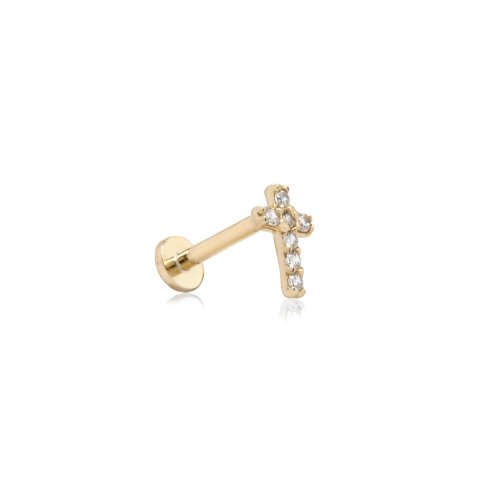 graziella 14K Yellow Gold CZ Cross Cartilage Flat Screwback Single Stud Earring